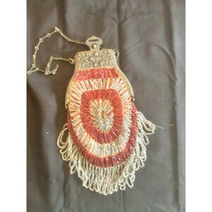 Art Deco Silver and Red beaded purse Chain handle 9" L with bangles